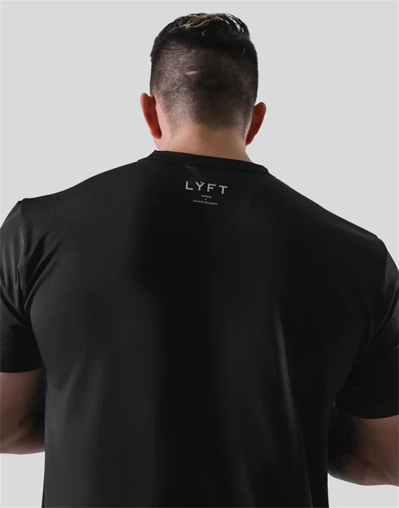 LYFT GYM M-4XL High Elasticity Cotton Mens Short Sleeve T shirt Fitness Bodybuilding Small Letter Print Male Clothing Tee Tops