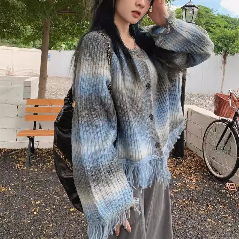 

Tie Dye Tassel Gradient Cardigan Vintage Spliced Female Clothing Casual O-Neck Autumn Winter Long Sleeve Loose Knitted Sweaters