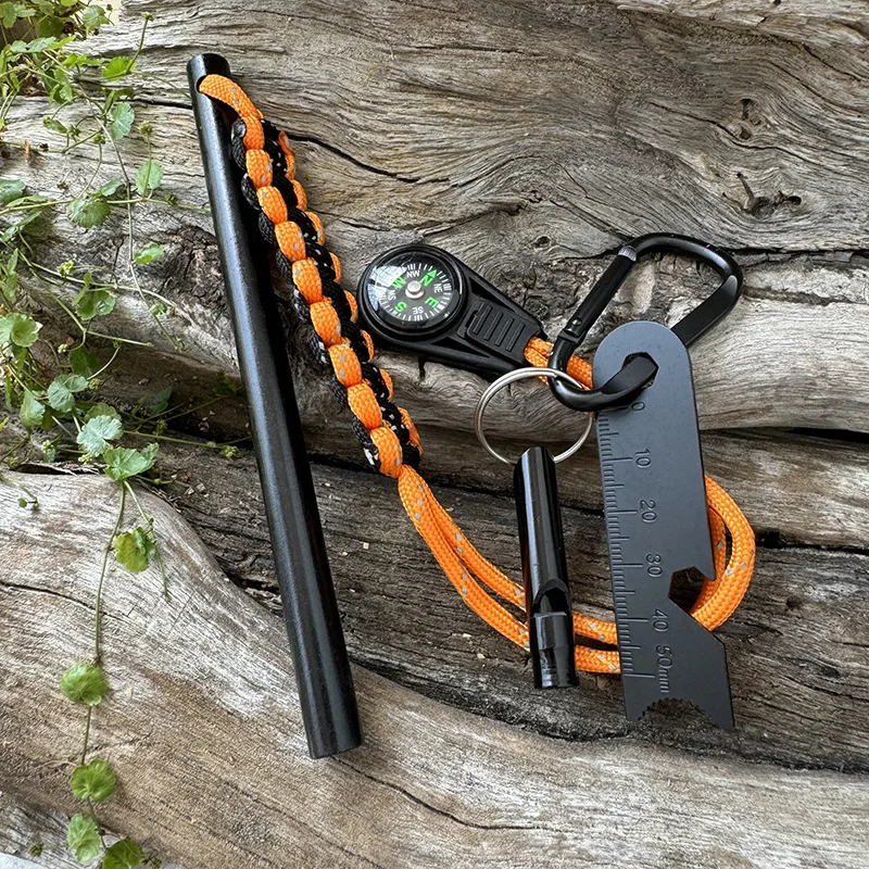 Outdoor Survival Fire Starter Kit Ferrocerium Rod with Compass Whistle & Multi-Tool Scraper All-Weather Fire Steel for Bushcraft