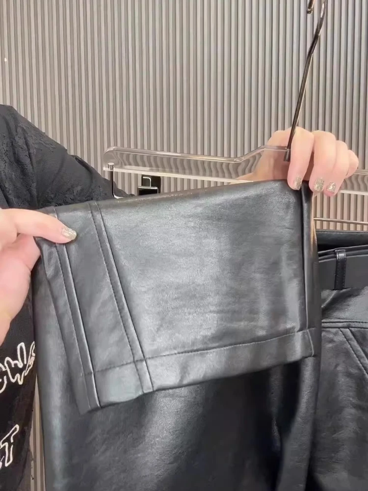 여성 루즈 와이드 레그 PU 가죽 바지 가을 겨울 신축성 있는 허리 패션 Y2K 따뜻한 바지 스트레이트 엘레강트 바지 아우터웨어