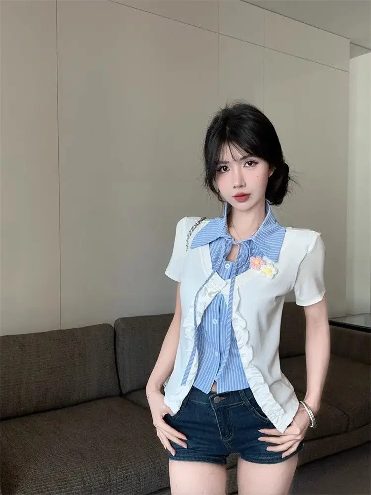 

Fake Two-Piece Striped Cardigan Shirt Women's Summer T-Shirt Fungus Lace Slim Shirt Top