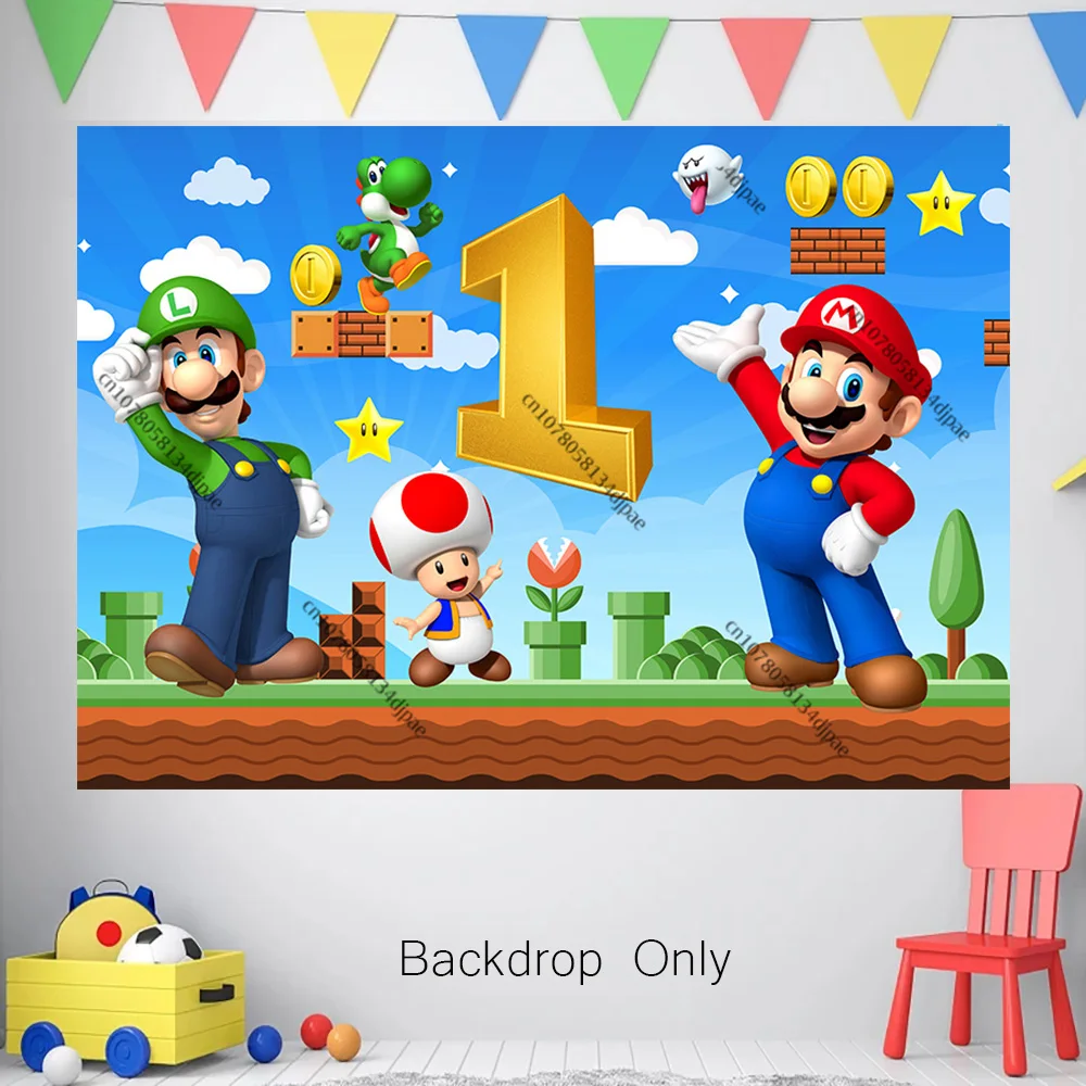 Super Mario Bros Backdrop Children Golden Age 1st 2 3 11 Boy Birthday Party Background Decor Plumber Luigi Baby Shower Banner