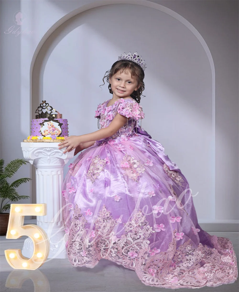 

Cute Flower Girl Dress With Applique Pearl Decorations Bow Fluffy Design For Children's First Communion Birthday