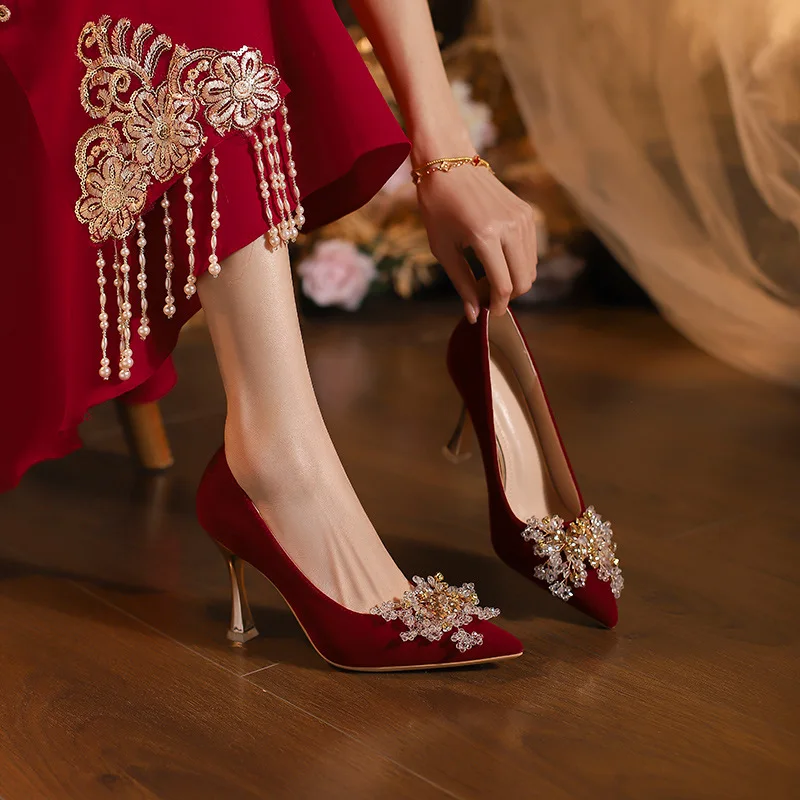 Red High Heels Women Chinese Wedding Shoes Thin Heels Toes Engagement Shoes