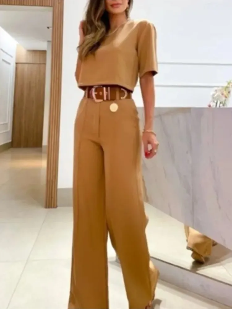 Spring Summer New Women's Solid Color Round Neck Short Sleeved T-shirt With Wide Leg Pants Casual Pants Two-piece Set