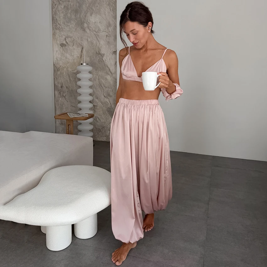Women Silky Satin 2Piece Pajama Set V Neck Sling Crop Top Elastic High Waist Wide Leg Trousers Elegant Casual Home Loungewear