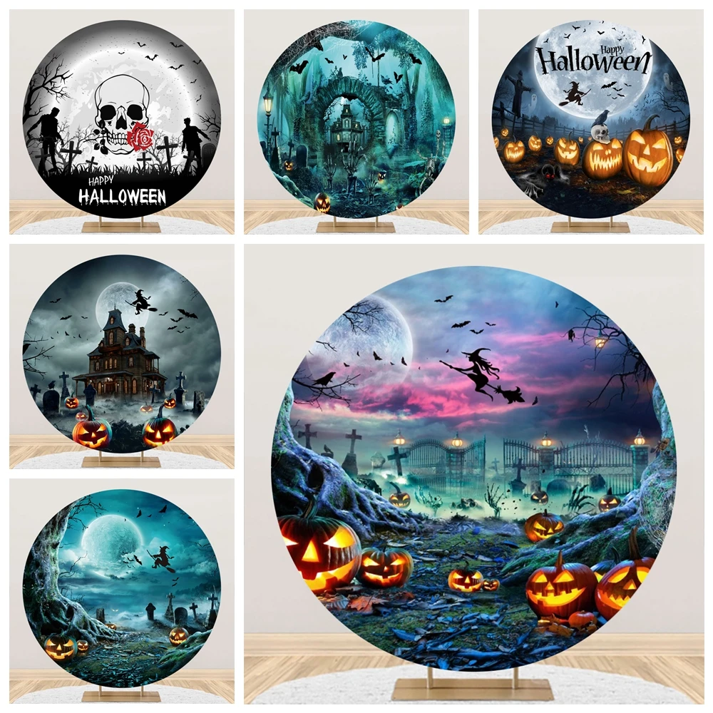 

Happy Halloween Round Backdrop for Cover Horror Night Moon Cemetery Pumpkin Lantern Circle Photography Background Photo Studio