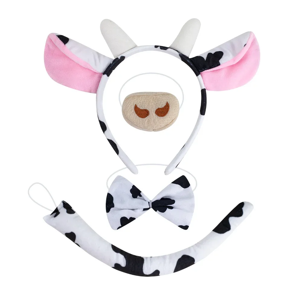 

10 шт. Детские и взрослые плюшевые повязки на голову в виде животных: корова, с хвостом, бантом и ушками, для костюмов на Хэллоуин, косплея, дня рождения