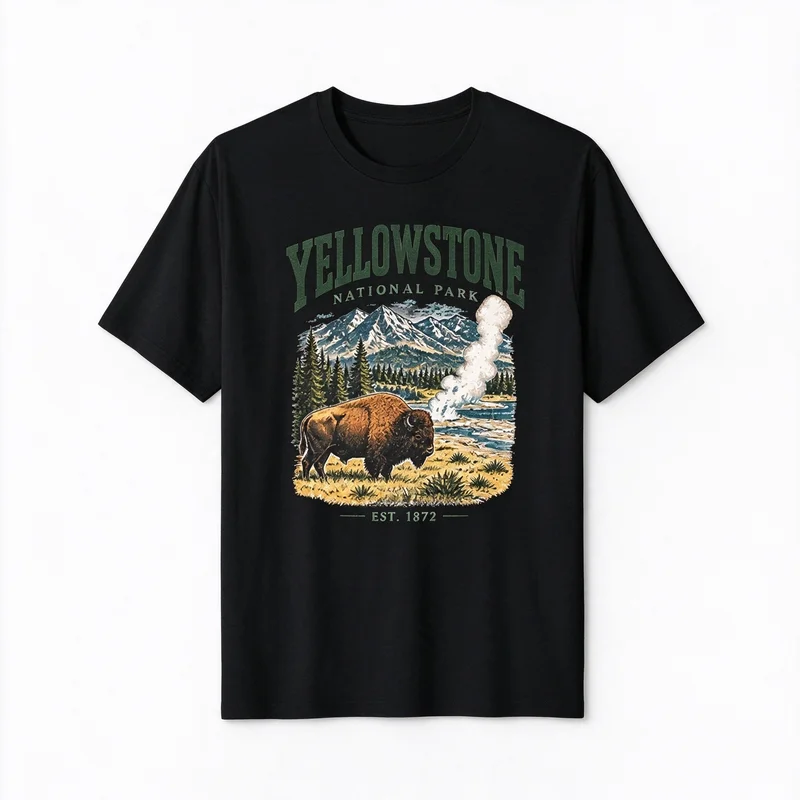 Vintage Yellowstone Bison Mountain T Shirt Unisex Retro National Park Wildlife Print Casual Short Sleeve Cotton Tee Y2k Top