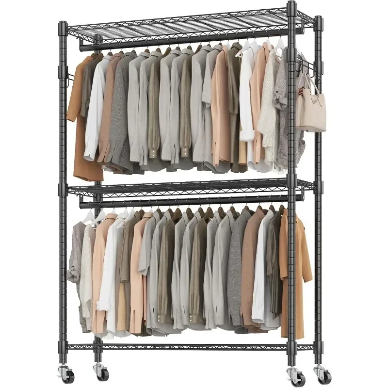

For Garment Rack on Wheels,Rolling Clothes Racks for hanging clothes,Simple Sturdy Wardrobe Rack with Double Hanging Rods