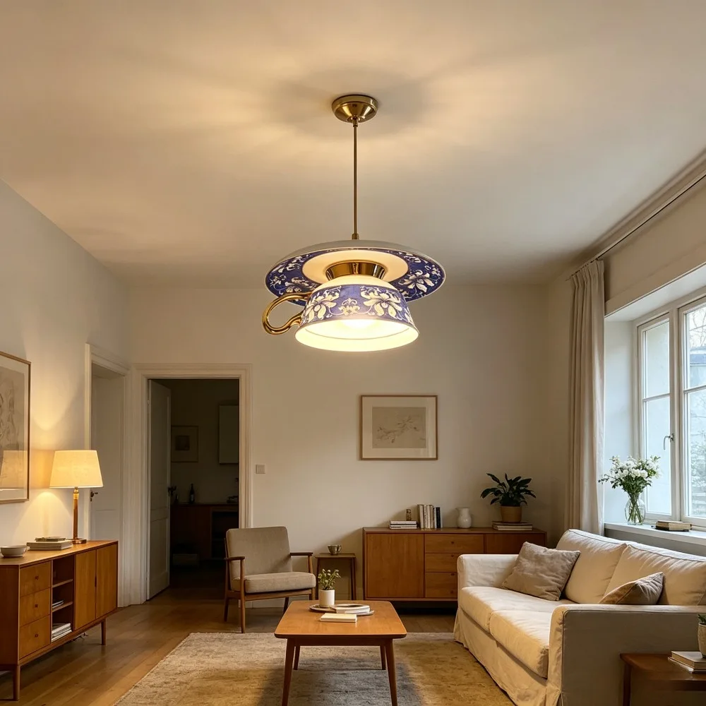 Chinese Style Blue and White Cup Ceiling Lights Dining Room Kitchen Cafe Fixtures Indoor LED Lighting Home Decor Loft Luminaire