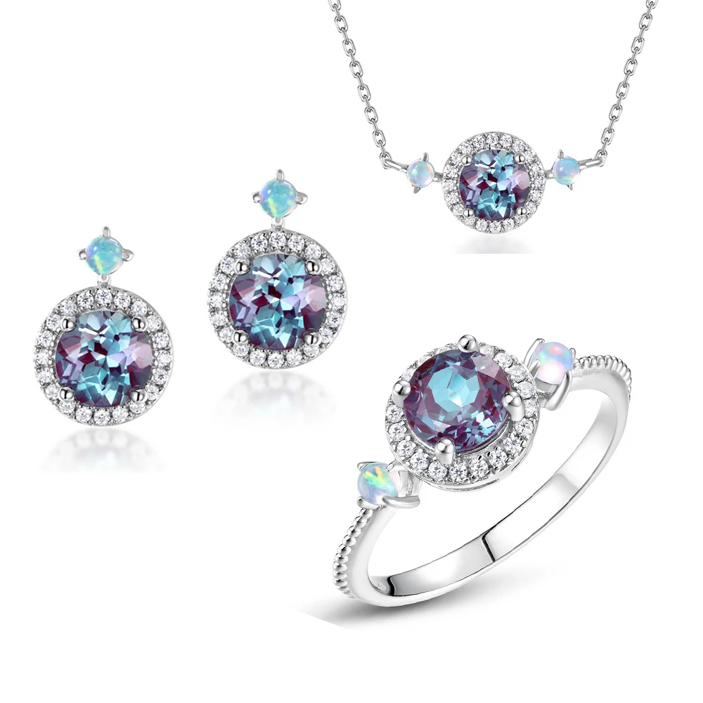 ALLNOEL Real 925 Silver Jewelry Set For Women Change Color Alexandrite Rings Necklace Stud Earrings Luxury Anniversary Gifts