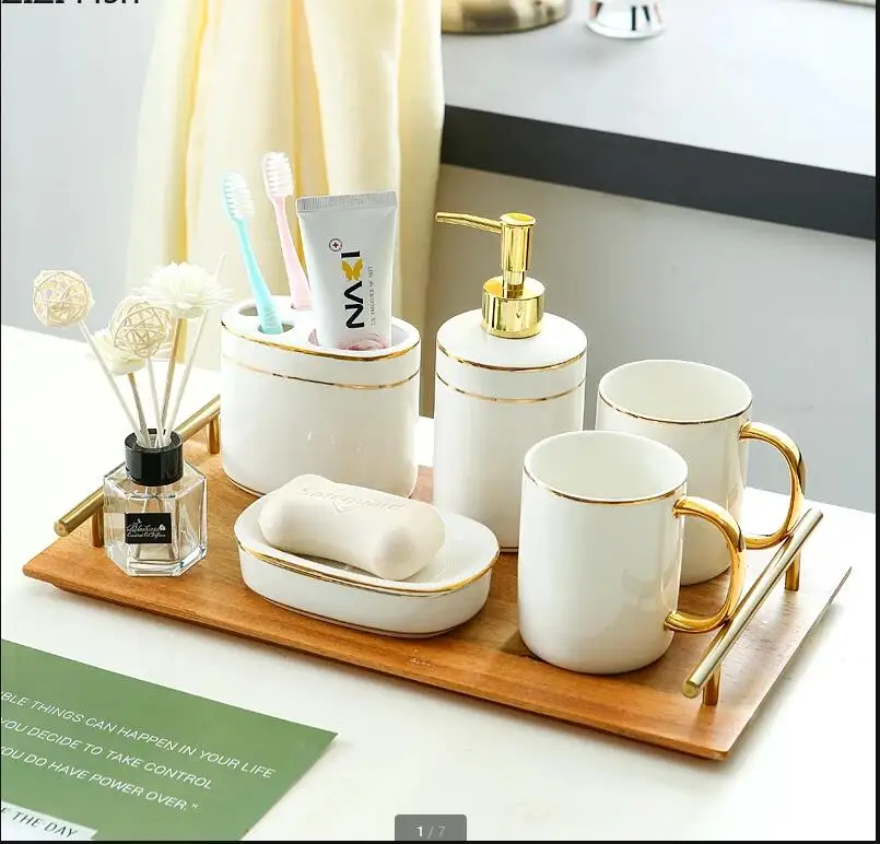 Bathroom Set with Tray Golden Stripes Ceramic Shower Gel Bottle Hand Washing Fluid Soap Dishes Mouthwash Cup Toiletries