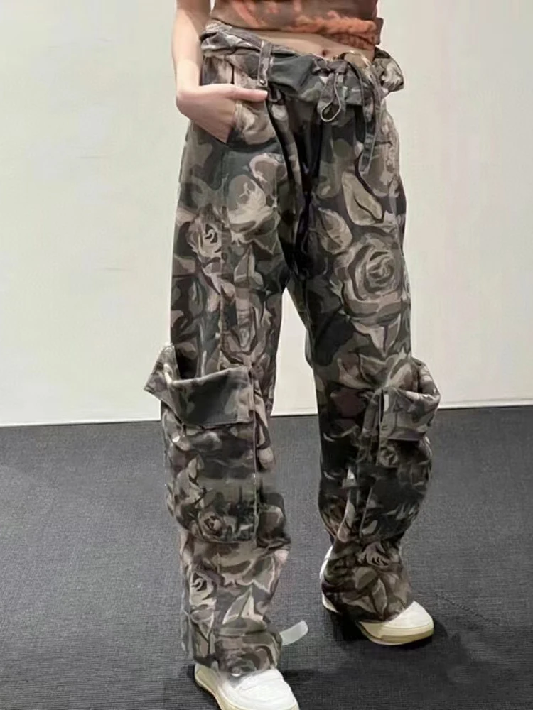 CHICEVER Camouflage Pants For Women High Waist Spliced Drawstring Streetwear Hit Colour Loose Cargo Pant Female Spring Clothes