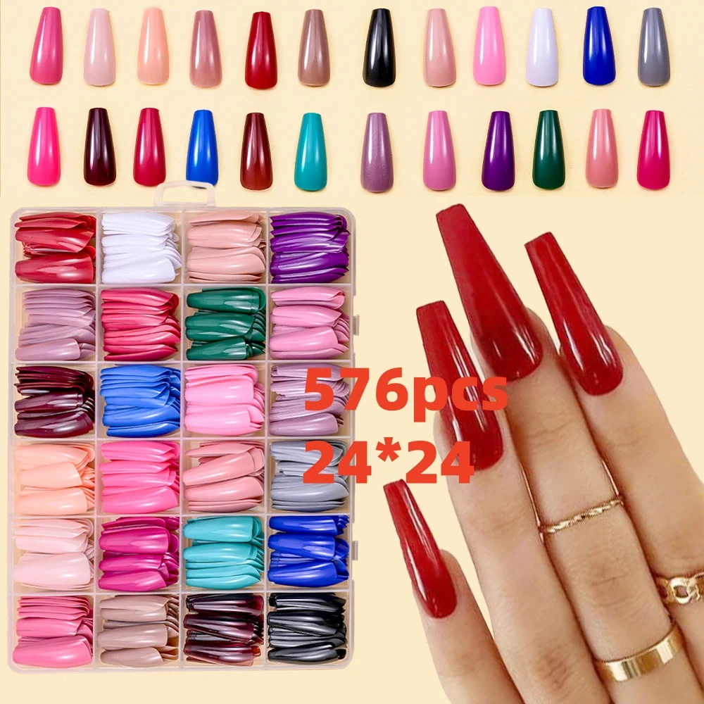 576pcs 24*24 Solid Color Press On Nails Glossy Long Coffin Fake Nails Nude Full Cover False Nail Tips For Women Girls Nail Art *