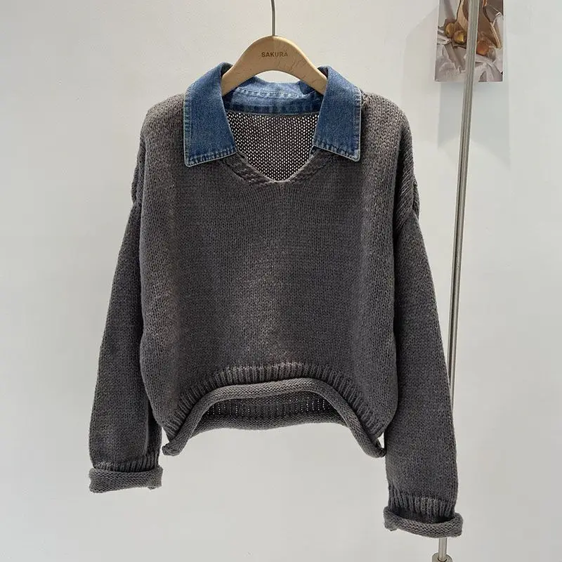 

Милый джинсовый лоскутный свитер в японском стиле в стиле ретро, искусственный вязаный свитер из двух частей, женские зимние свитера Mujer