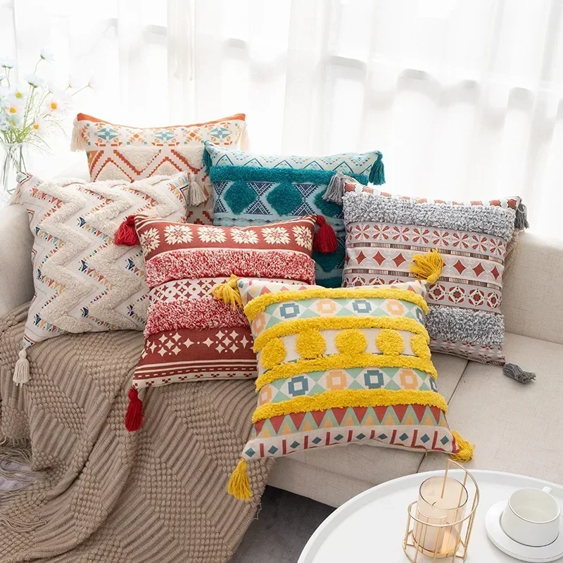 Throw Pillow Cover Bohemian Traditional Culture Ethnic Ornament Floral with Tassels Throw Pillow Covers for  Sofa Home Decor