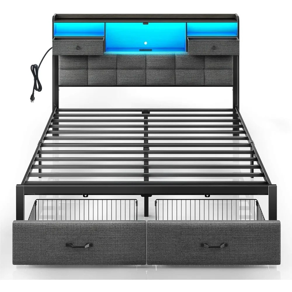 Bed Frame Full Size with Drawers and Charging Station, Upholstered Platform Bed with Storage Headboard and LED Light, Heavy Duty