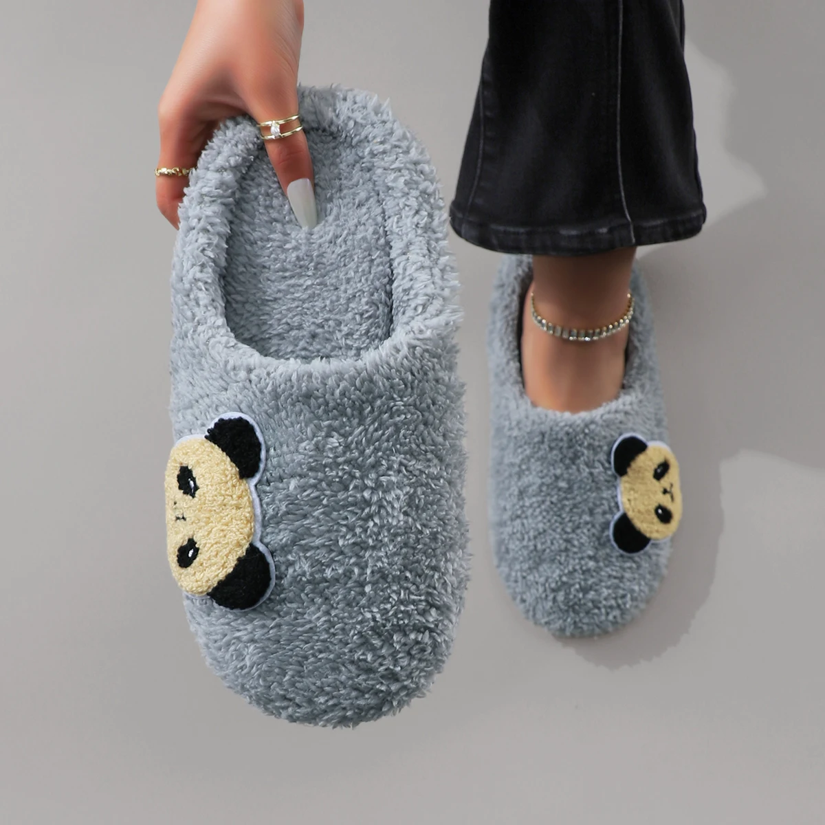 Cute Cartoon Embroidered Panda Plush Silent Soft-Soled Women's Home Slippers Floor Socks Slippers image 2