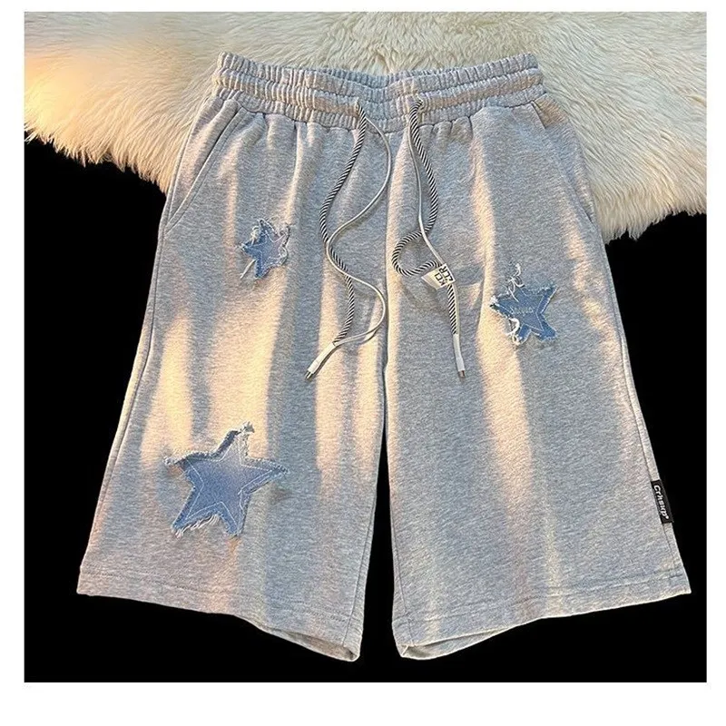 Summer Star Embroidered Shorts for Men and Women Couples Same Y2K Retro Harajuku Style Straight Tube Loose Sport Casual Shorts