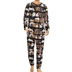 Cute Library Cat Pajamas Mens  Lovely Nightwear Autumn Long-Sleeve 2 Pieces Casual Pattern Pajamas Set Big Size 4XL 5XL