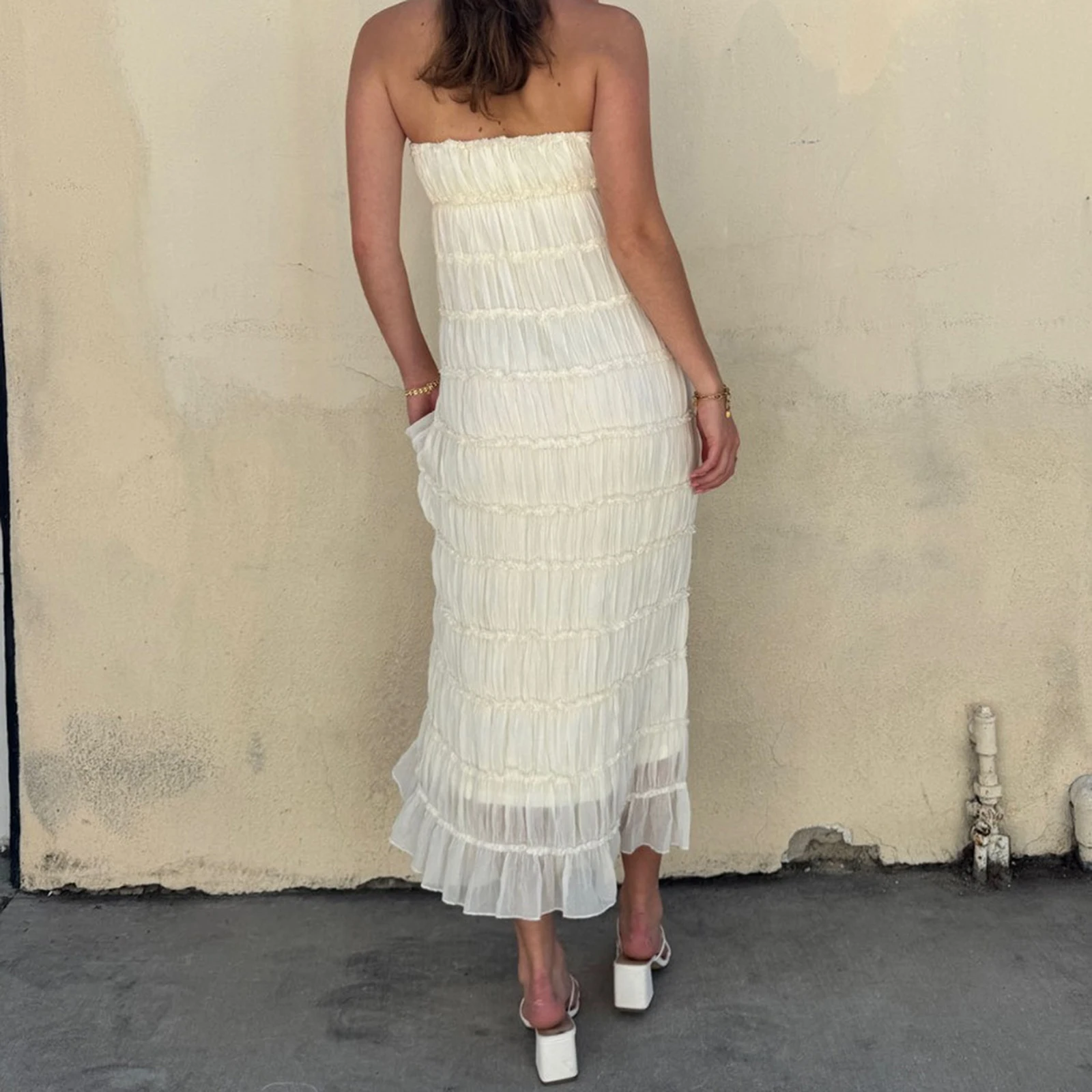 New Fashion Women Shirred Tube Top Dress Solid Floral Off Shoulder Sleeveless Backless Long Dress For Daily Party S-XL