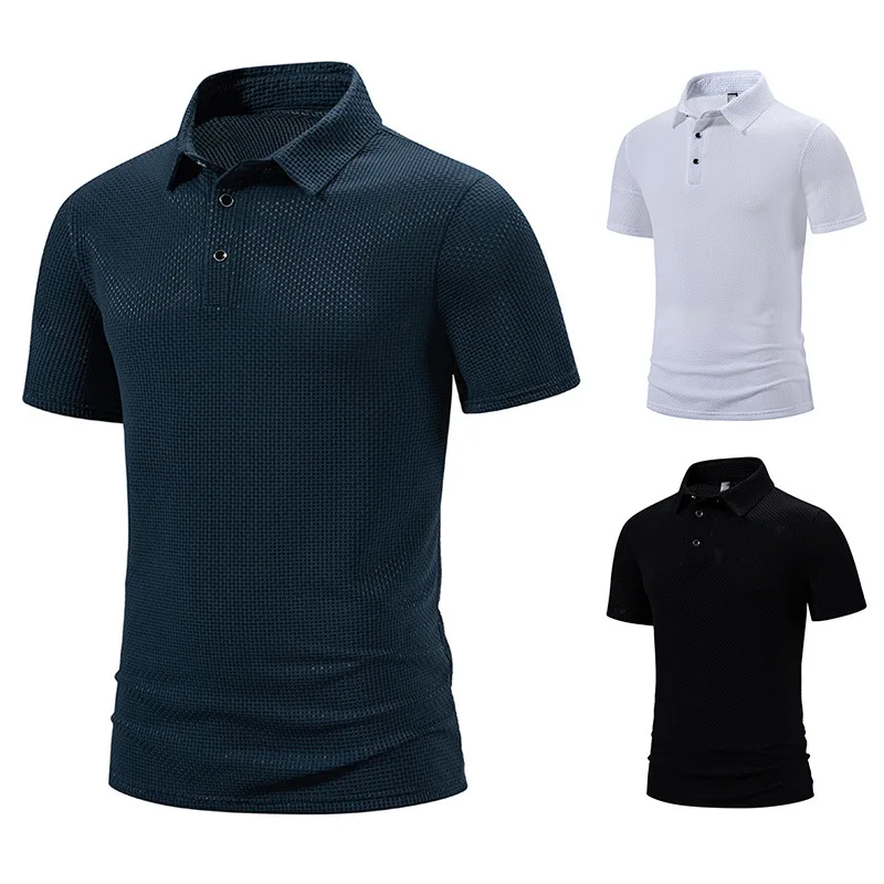 

Men's Polo Shirt Summer New European Size Solid Color Base Shirt with Three Button Ice Silk Lapel Short Sleeved T-shirt for Men