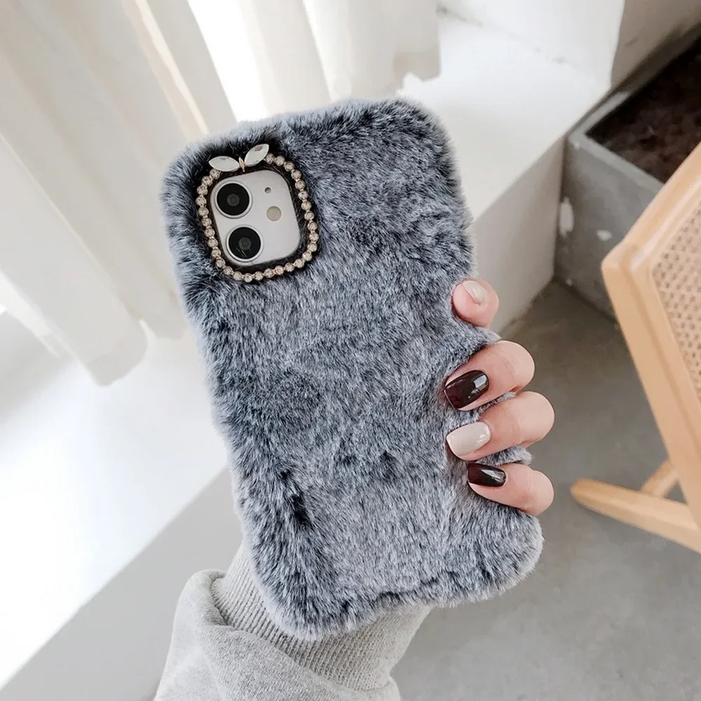 Cute Plush Case for iPhone 15 14 13 12 11 pro X XR XS Max 7 8 Plus SE 2022 Soft Winter Warm Fur Protective Shell Cover