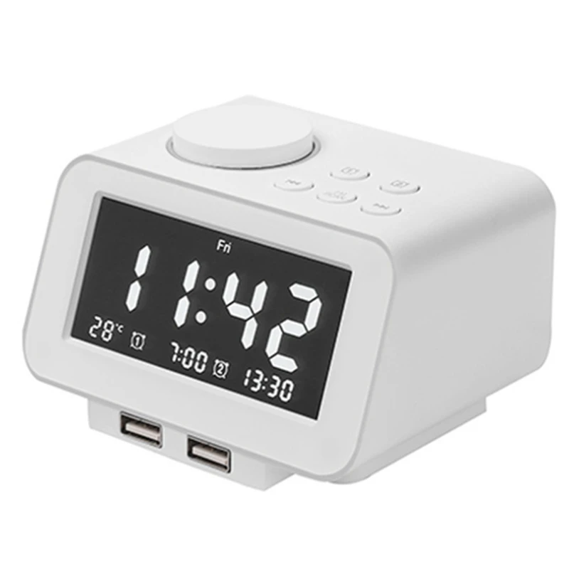 Digital Alarm Clock, FM Radio, Dual USB Charging Ports, Temperature Detect, Dual Alarms With 7 Alarm Sounds