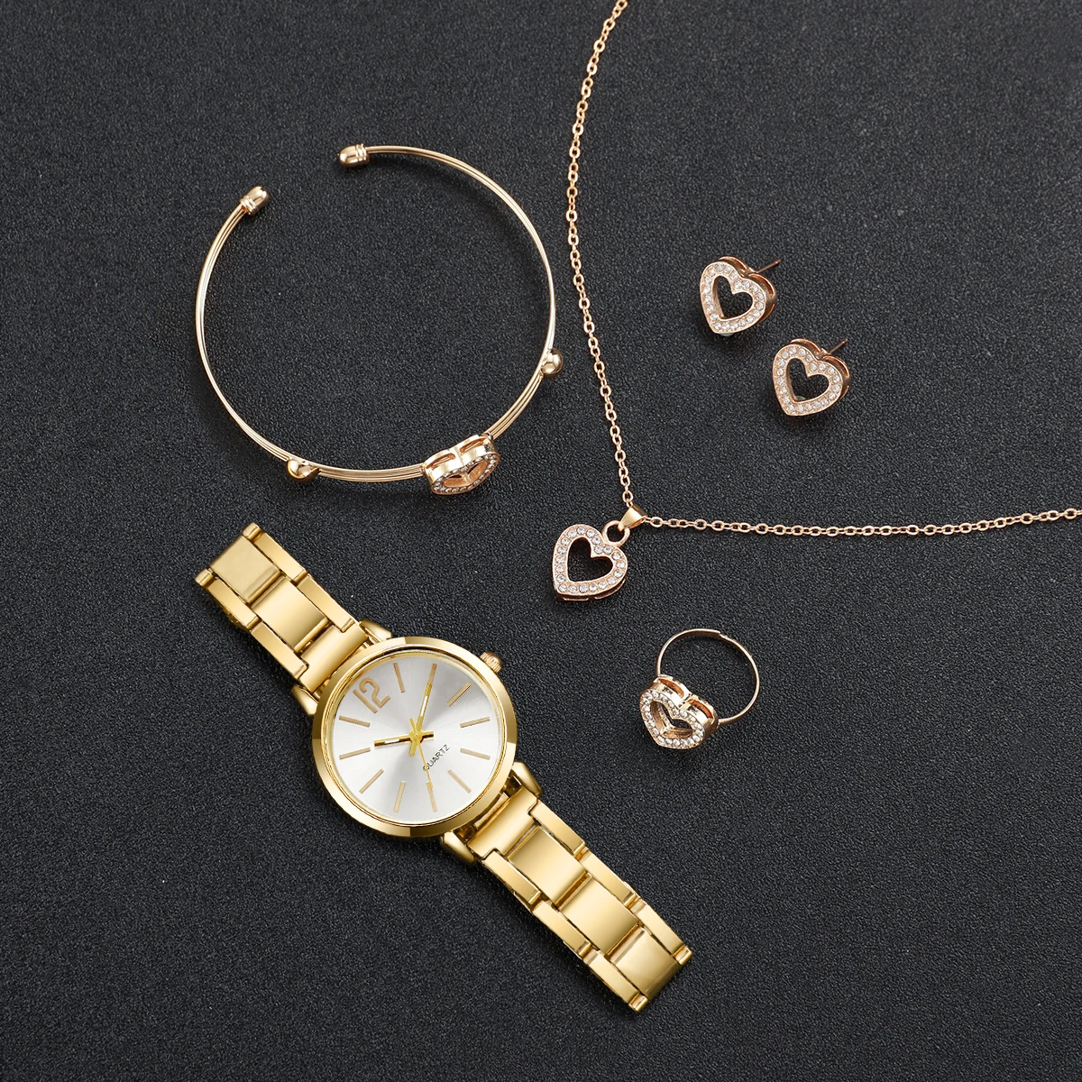 6PCS Fashion Women\'s Watch Gold Steel Band Analog Quartz Watches Heart Jewelry Set（Without Box）