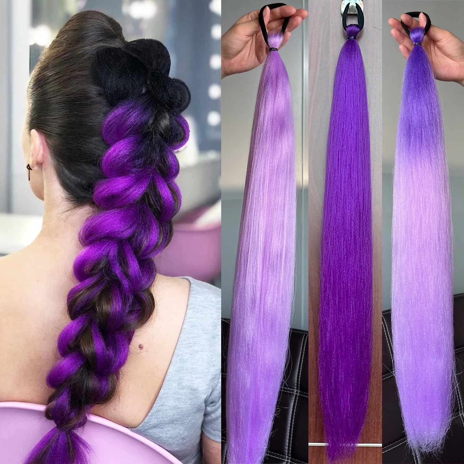 

Синтетический длинный прямой хвост с эластичной резинкой для волос Красочный хвост Фиолетовые аксессуары для волос на Хэллоуин