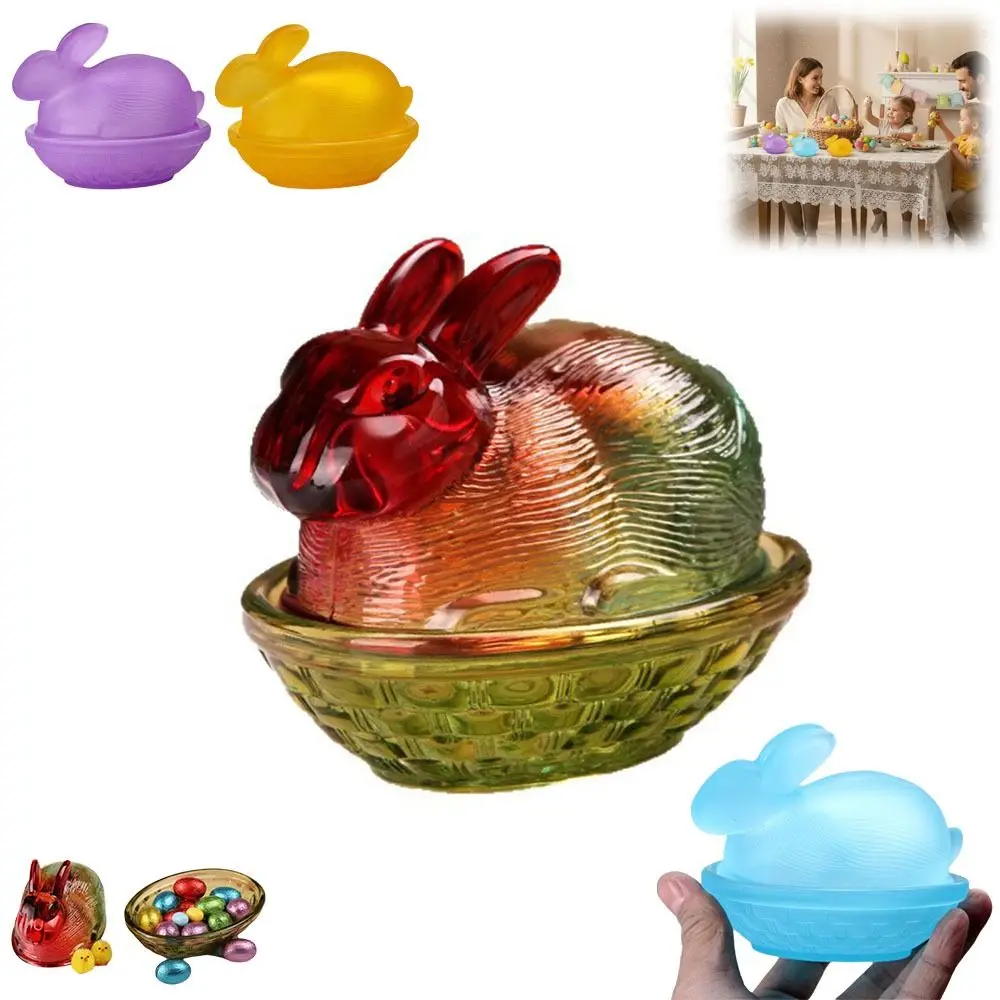 New Rabbit-Shaped Glass Candy Dish Easter Bunny Colorful Candy Bowl with Lid Egg Tray for Home and Office Desk Decoration