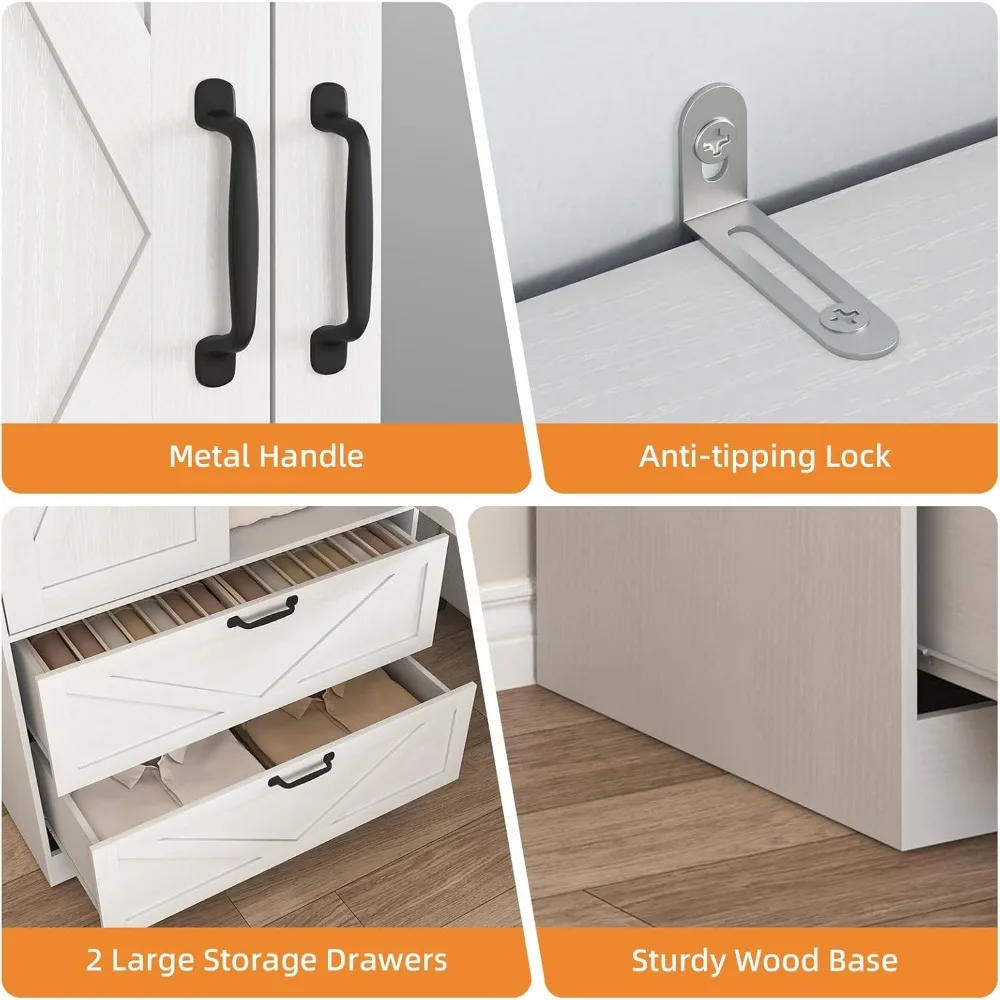 خزانة خزانة ملابس مع مرآة ودرجين، خزانة ملابس لغرفة النوم مقاس 72 بوصة مع قضيب معلق وإضاءة، غرفة نوم خشبية