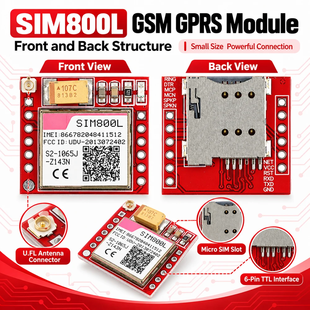 SIM800L GSM GPRS Module Micro SIM Card Core Board Quad Band TTL Serial Port 3.7-4.2V Wireless Communication Module with Antenna