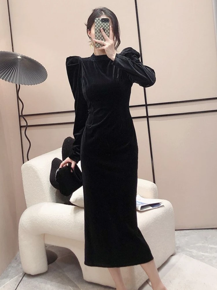 French Black Velvet Long Dresses Women Puff Sleeve Temper Elegant Sexy Bodycon Dress Fashion Classy Ladies Party Gown Vestidos