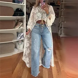 2025 Women's New Fashion Lace Floral Shirt Top With High Neck Puff Sleeve Through Hollow-Out Front Short After Long Top Blouse