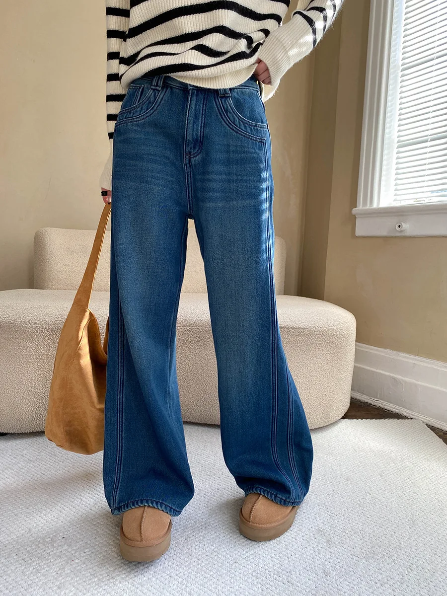 Spring and Autumn Women's Casual Solid Color High Waist Loose Wide Leg Jeans