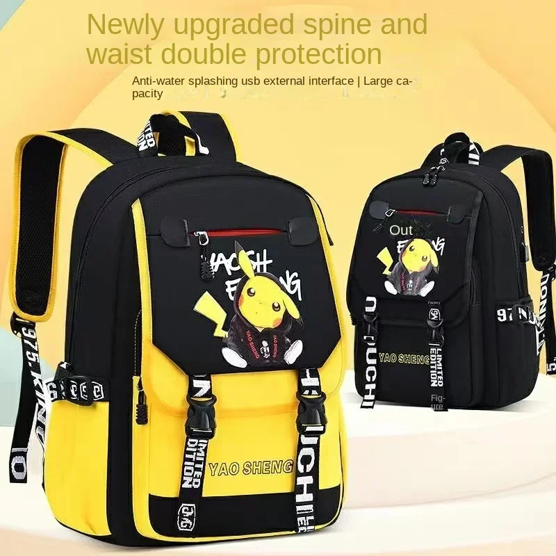 Pikachu PKQ School Bag Primary School Students Trendy Lightweight Boys and Girls Children's School Bag Anime kawaii Mochila