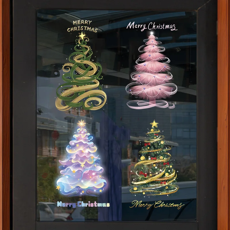 Christmas Glass Static Window Stickers, Colorful Crayon Tree & Snowflake Decals for Mall & Home Decor