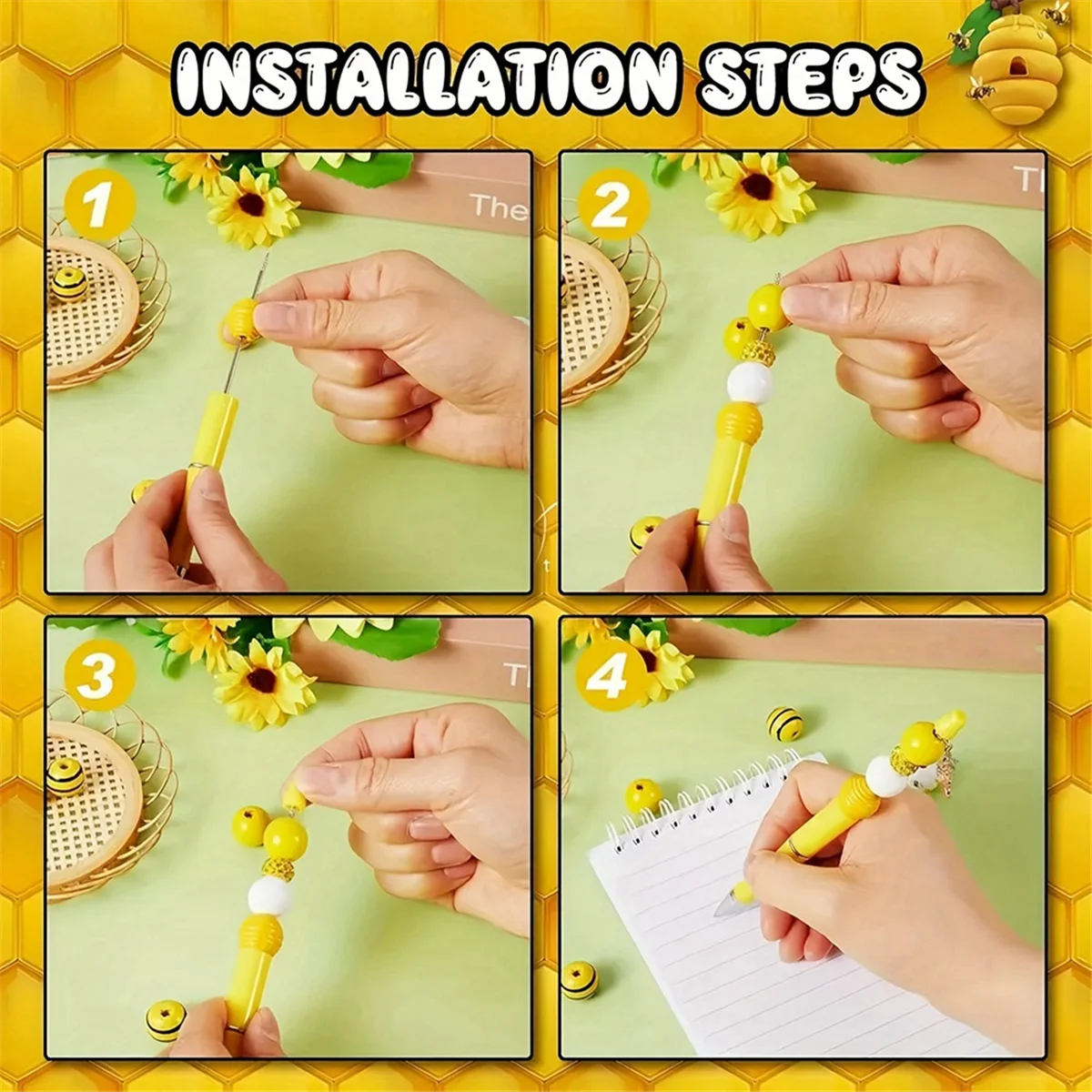 

AA98 Plastic Beadable Pens Print Bee Pens Spacer Beads DIY Ballpoint for Women Office Craft