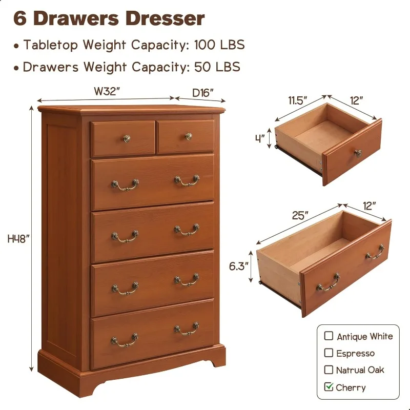 6 Drawers Dresser Chests for Bedroom, 48