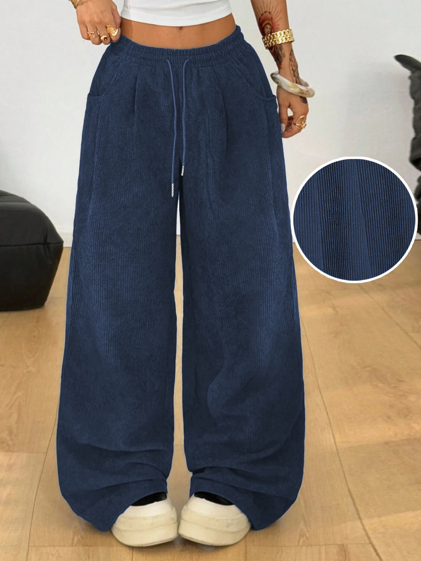 Damen Retro Cord Cargo-Hose Lässige Kordelzug Gerade Sporthose Fließende Alltags-Pendlerhose mit Weitem Bein – Detail 34