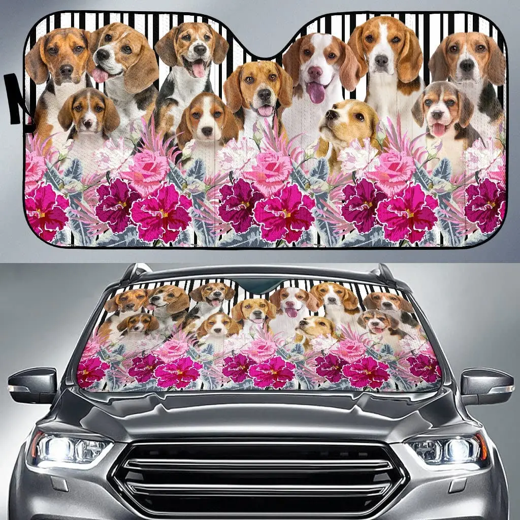 Tan and White Beagle Dog Family in Flourishing Flowers Car Sunshade, Beagle Car Window Sun Cover for Beagle Lovers, Car Windshie