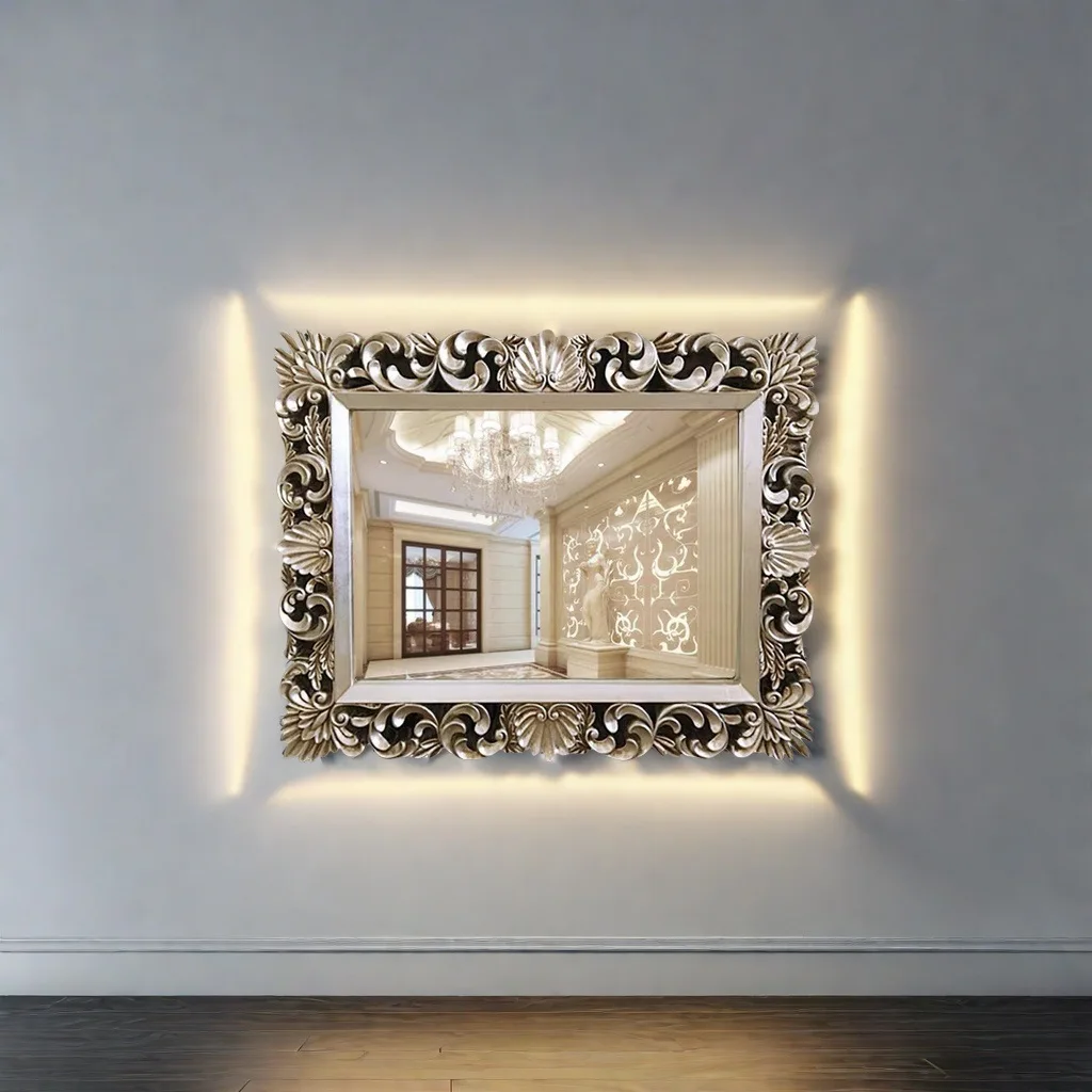 Vintage Carved Bathroom Mirror American Wall Mounted Toilet Square Mirror Fireplace Entrance Decorative Hanging Mirror Bathroom - view 4