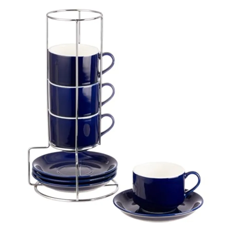 

Porcelain Cappuccino Cups with Saucers and Metal Stand, Stackable Coffee Cups for Specialty Coffee Drinks, Cappuccino, Latte, E