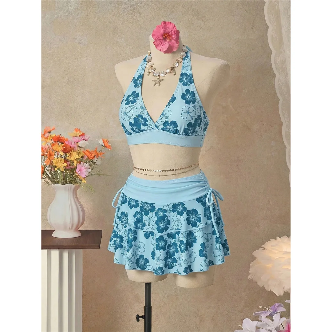 S - XL Mit Rock, Polka-Dot-Blumen-Bikini, Damen-Badebekleidung, dreiteiliges Bikini-Set, Badeanzug, Badebekleidung, Schwimmbekleidung V8518 – Detail 11