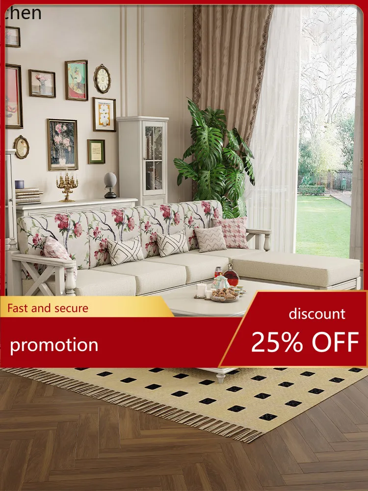 

CZ White Sofa Solid Wood Fabric Retro Country Style Small Apartment Living Room Three-Seater 123 Combination