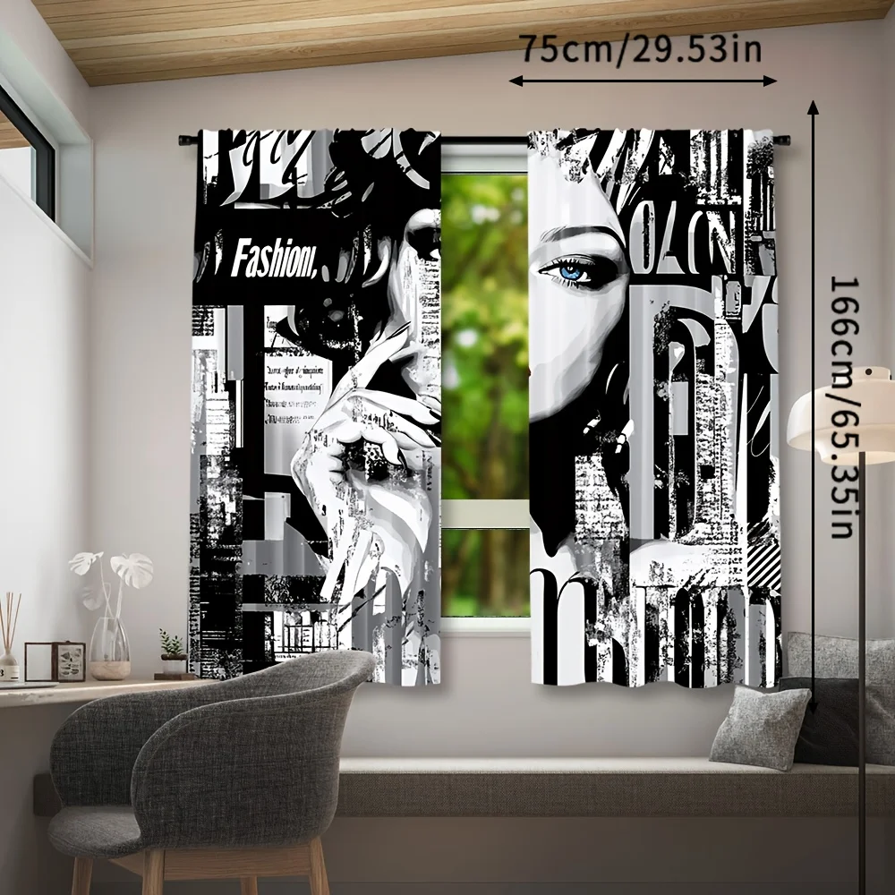 2pcs Fashion Woman Portrait Curtains Modern Art Print Blue Eyes Red Lips Abstract Design Polyester Window Drapes for Living Room