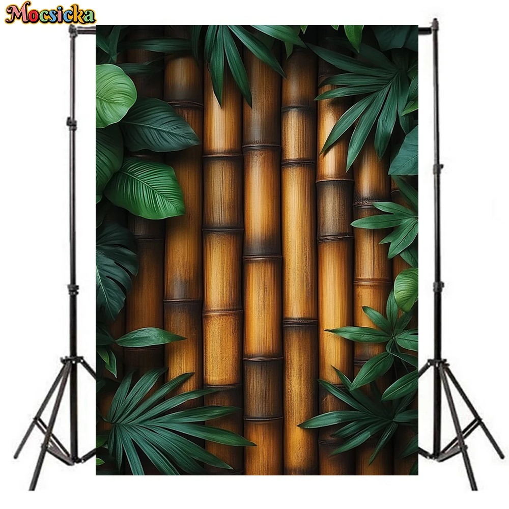 Mocsicka Bamboo Photography Backdrop Spring Baby Birthday Party Background Green Leaf Pattern Decor Wallpaper Shooting Photocall