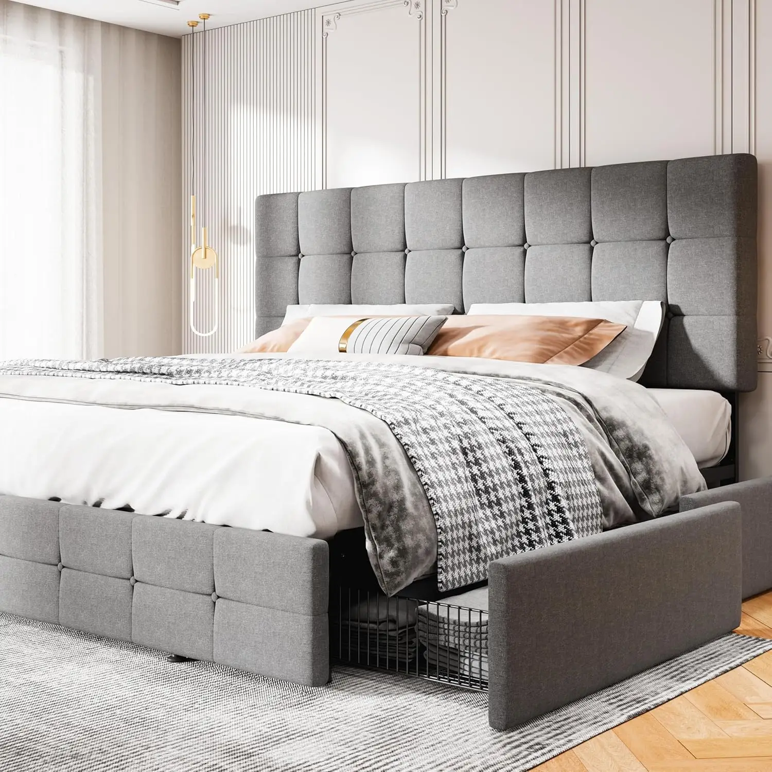 King Size Bed Frame with 4 Storage Drawers, Upholstered Platform Bed with Adjustable Square-Stitched Headboard